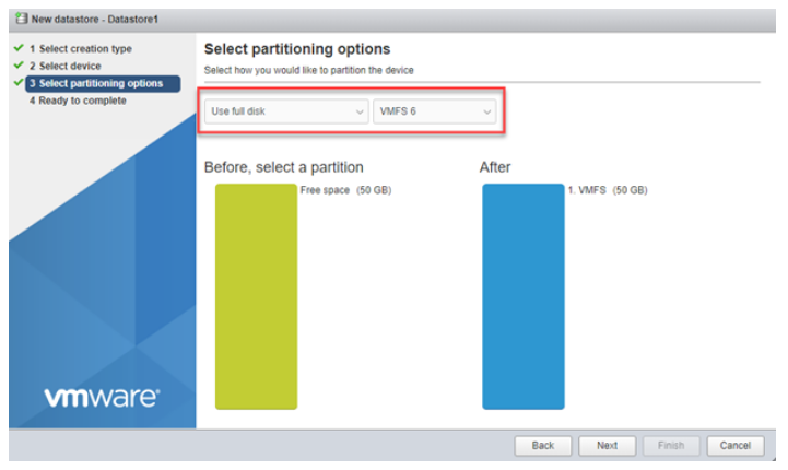 select partitioning options for new datastore