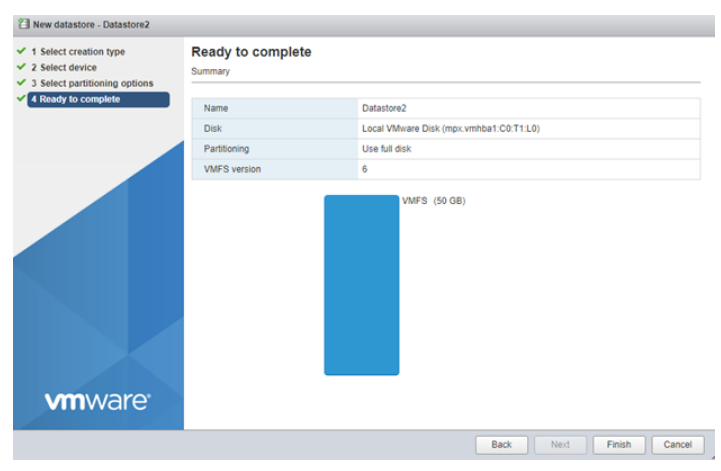 ready to complete screen for new VMFS datastore