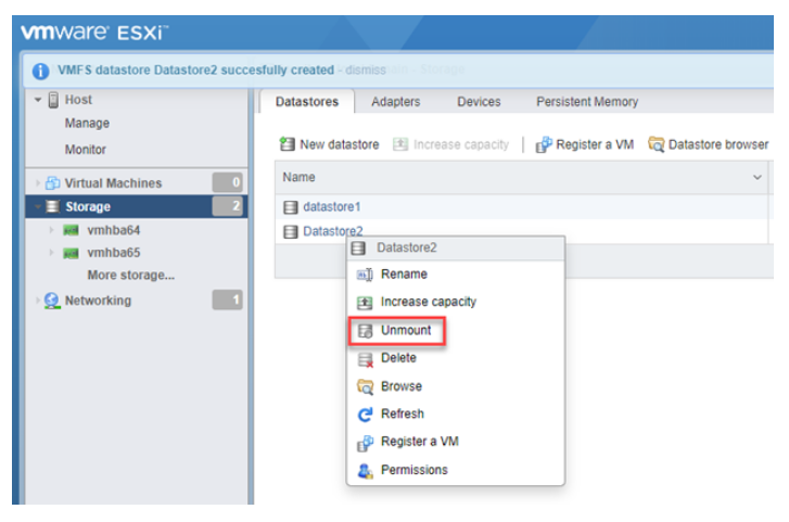 how to unmount a vmfs datastore