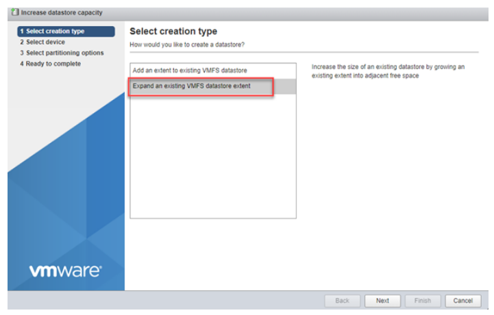 vmfs datastore select creation type