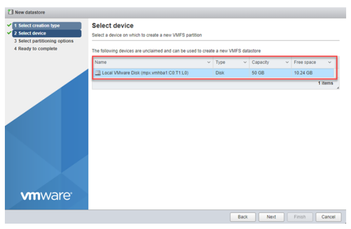 select device for new datastore