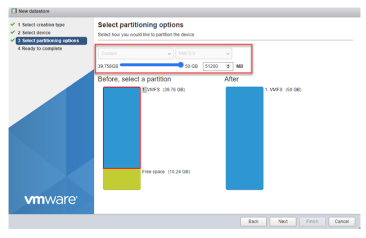 select partitioning options for vmfs datastore