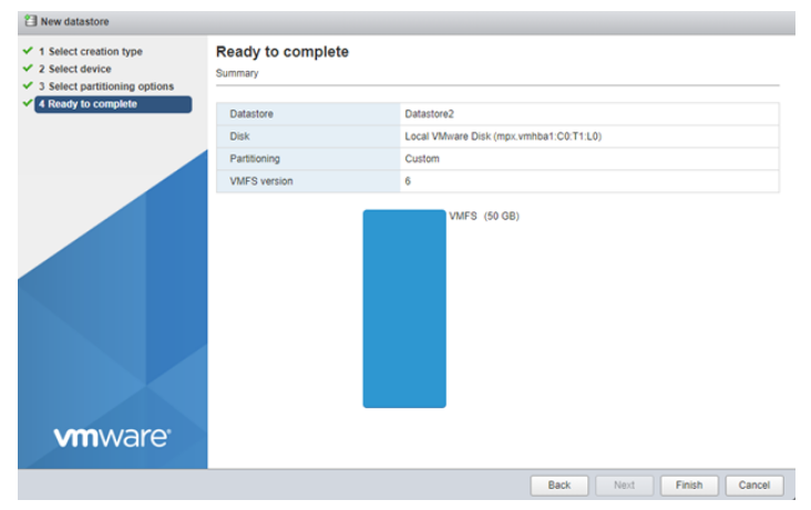 vmfs datastore ready to complete